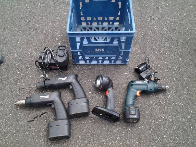 lot 107 image: 2 Porter-Cable 12 Volt Cordless Drills With Batteries & Charger, B&D 99.6 Drill, Craftsman Light 19.2 Volt Charger-No Battery