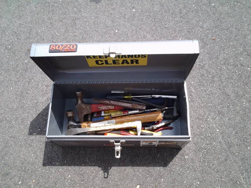 lot 118 image: Tool Box With Assorted Hand Tools Hammers, Screw Drivers, Chisels, Pry Bars Tape Measures, Pipe Wrench