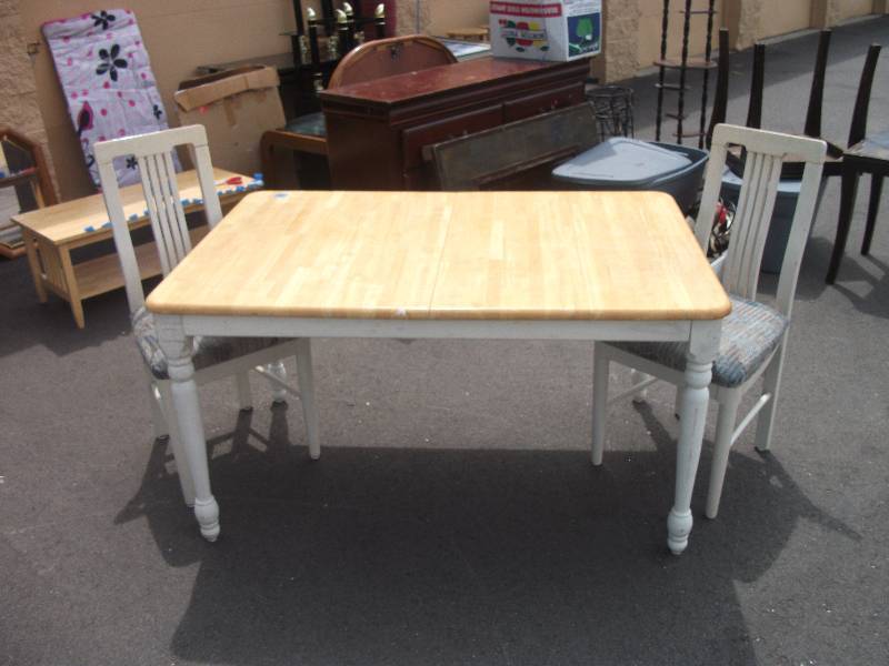 lot 3 image: Farm Style Dining Table (54x36x29) With Self Storing Leaf, 2 Chairs