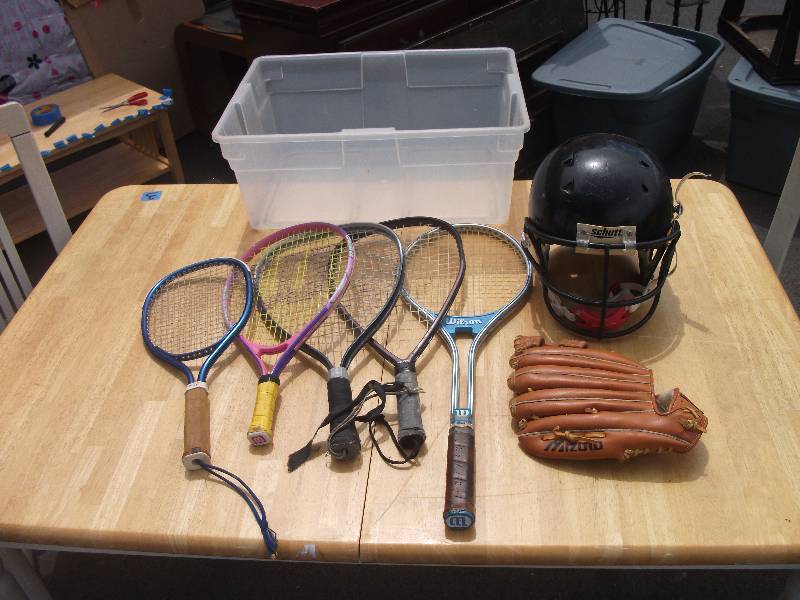 lot 9 image: Assorted Racquets, Football Helmet, Baseball Glove