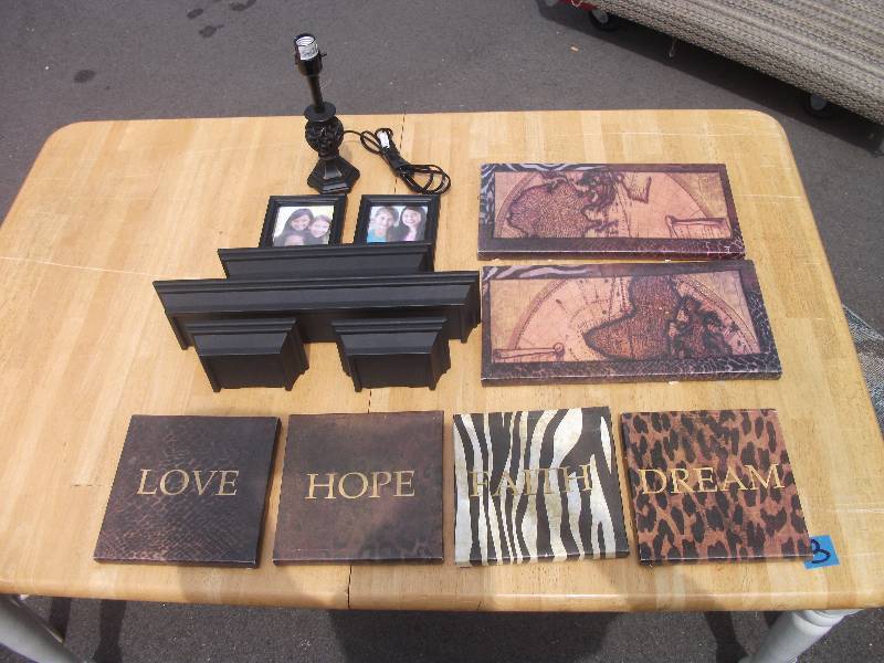 lot 12 image: Lot Of Wall Decor- Pictures, Shelves, Lamp