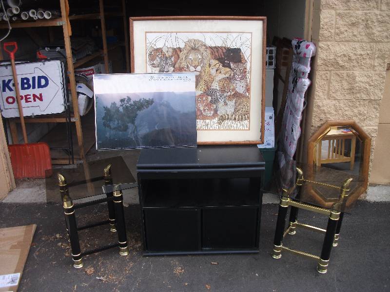 lot 13 image: Swivel Top TV Stand (Black), 2-Glass Top Tables (BlackBrass), 2-Pictures