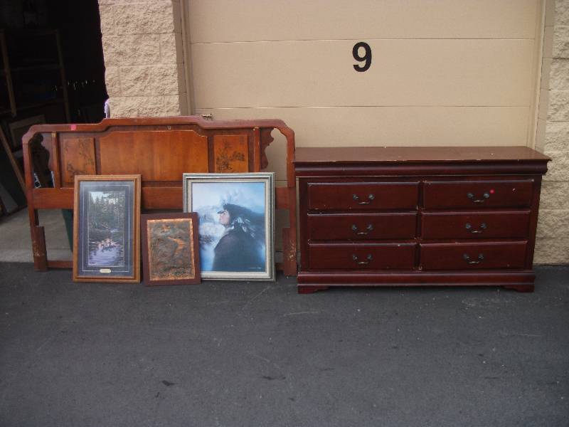 lot 16 image: 6-Drawer Dresser 61x18x35, Queen Size Headboard, 3-Wildlife Pictures (1-Copper Tooled, 1-Canvas, 1-Print)