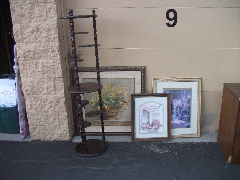 lot 19 image: 3-Framed Floral Pictures, Plant StandKnick-Knack Shelf 61 Inches Tall