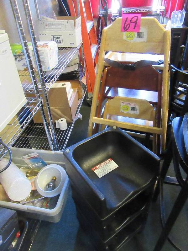 lot 69 image: 4 wooden childs high chairs. 3 plastic booster seats