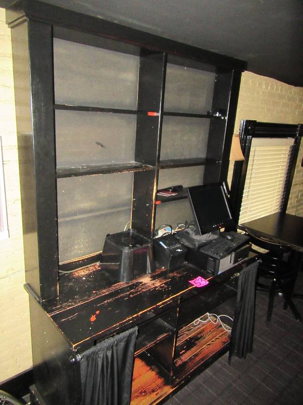 lot 53 image: Wood Wall Cabinet.. Top and bottom sections.  Bottom has curtain front.