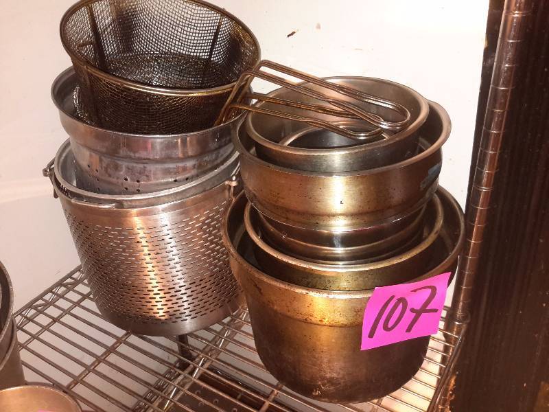 lot 107 image: Various sizes of Saute pans, strainers, sieves
