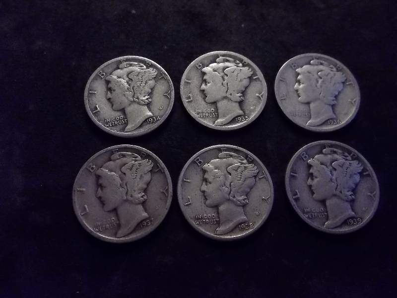 1934, 1935, 1936, 1937, 1938, 1939 Mercury Dimes