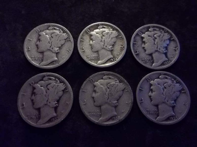 1934, 1935, 1936, 1937, 1938, 1939 Mercury Dimes