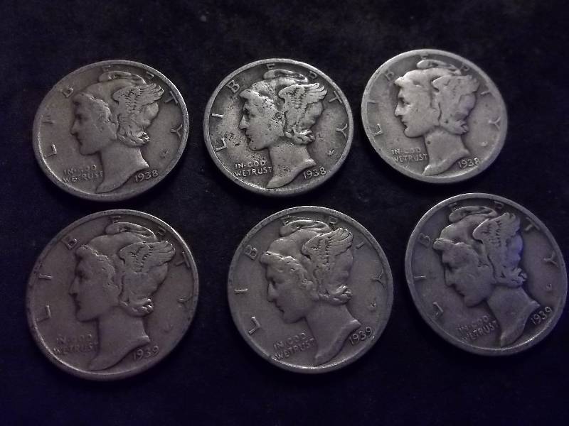 1938, 1938 D, 1938 S, 1939, 1939 D, 1939 S Mercury Dimes