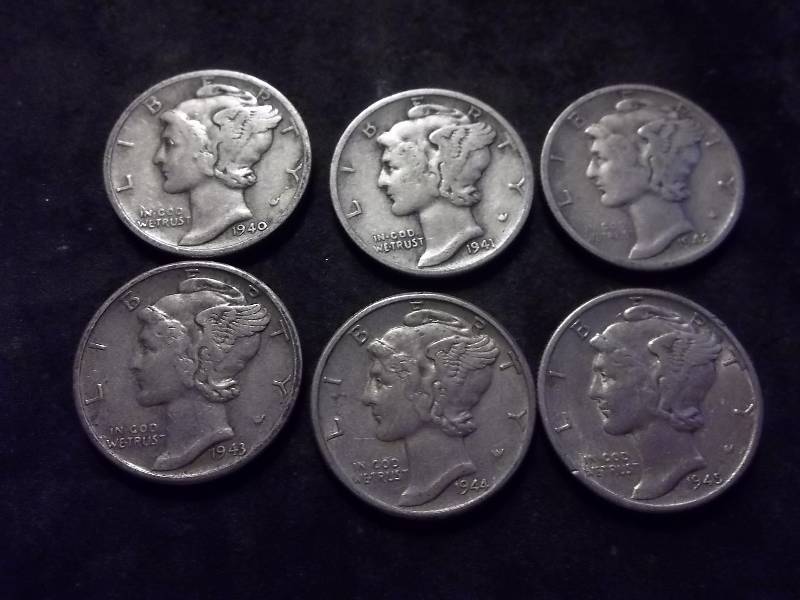 6 Mercury Dimes 1940-1945