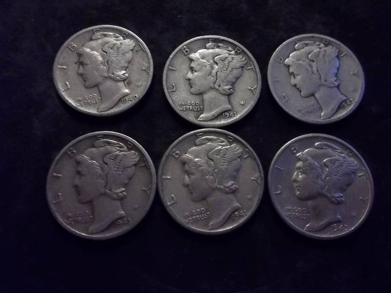 6-Mercury Dimes 1940-1945