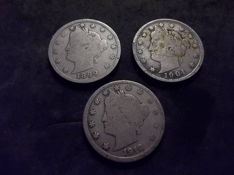 3 V-Nickels 1899, 1904, 1912 D (Key Date)