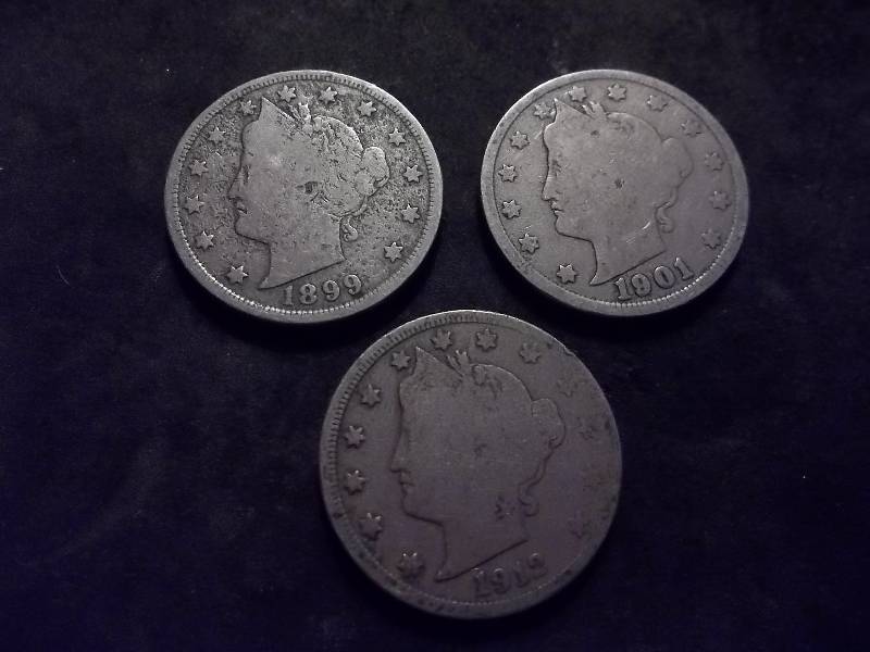3 V-Nickels 1899, 1901, 1912 D (Key Date)
