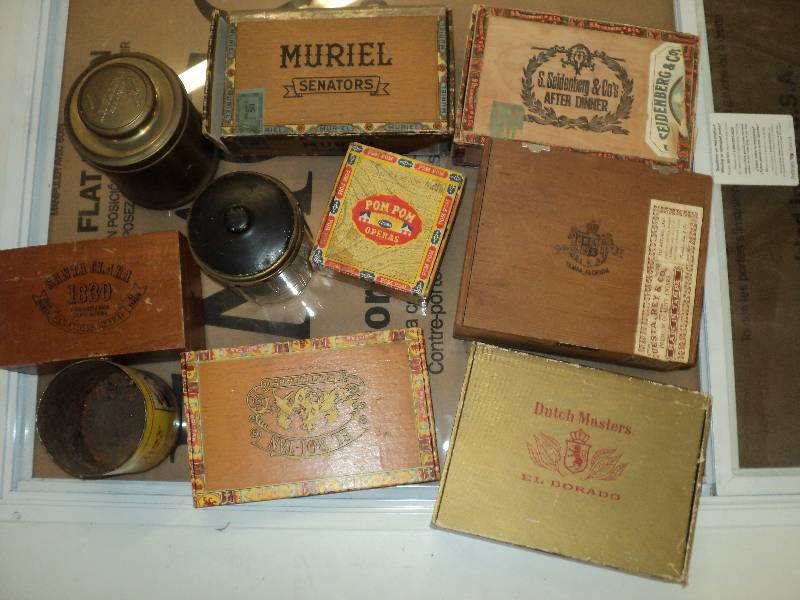 box of cigar boxes and jars...