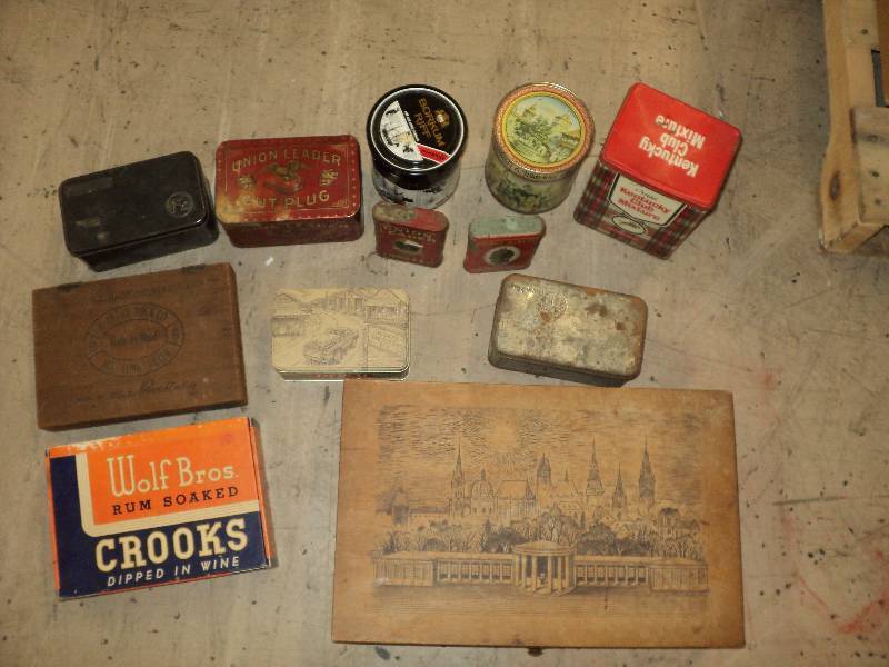 box of tin and wood boxes...