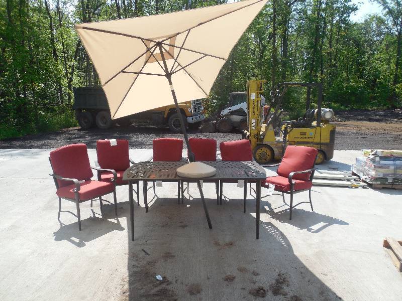 Hampton Bay Oak Cliff 7 Piece Metal Outdoor Dining Set with Chili Cushions Patio Furniture Home Improvemnets Tools And More Auction 171 K BID