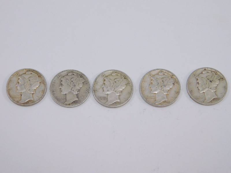 lot 4 image: 1921, 1941, 1944, 1944, 1945 D Mercury Dimes