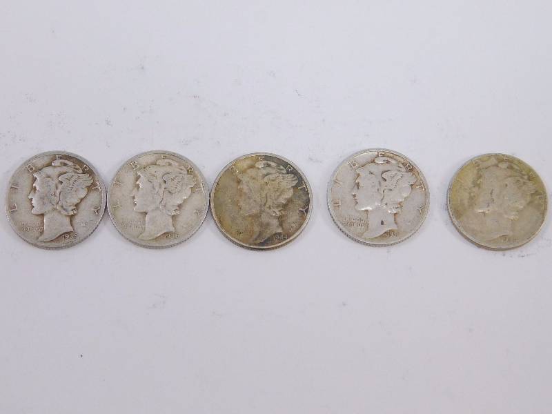 lot 5 image: 1936, 1939 D, 1941, 1944, 1945 Mercury Dimes