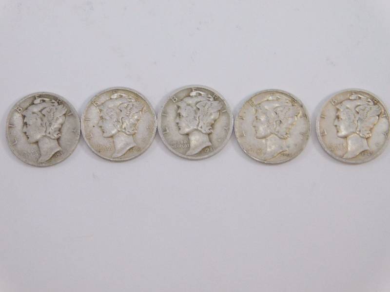 lot 8 image: 1939 D, 1941 D, 1943 D, 1944, 1945 S Mercury Dimes