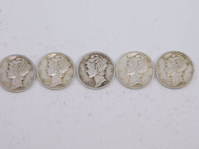 lot 13 image: 1939, 1941 D, 1944 D, 1944 D, 1944 D Mercury Dimes