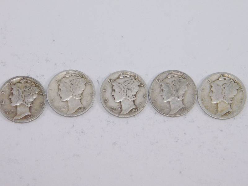 lot 14 image: 1927 S, 1928, 1929, 1935 D, 1936 S Mercury Dimes
