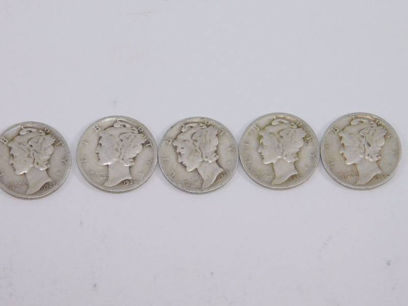 lot 15 image: 1927, 1929,1937 D, 1938, 1941 D Mercury dimes