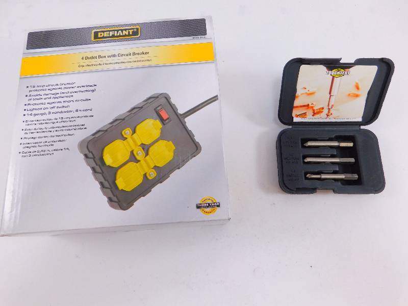 lot 50 image: Defiant 4 Outlet Box with Circuit Breaker and New Handyman Toughtest Screw Out