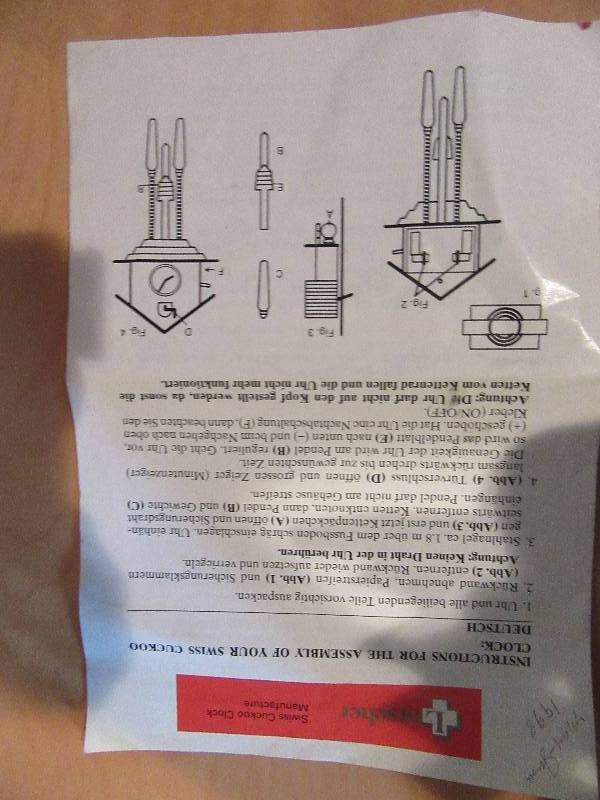 Cookoo Clock as pictured.Approx 12in h. Untested, but owner says they work.. Extra set of cone weights