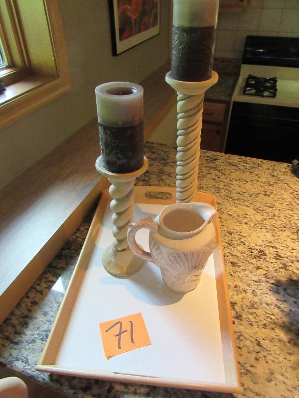 2 nice candle holders and service tray as pictured