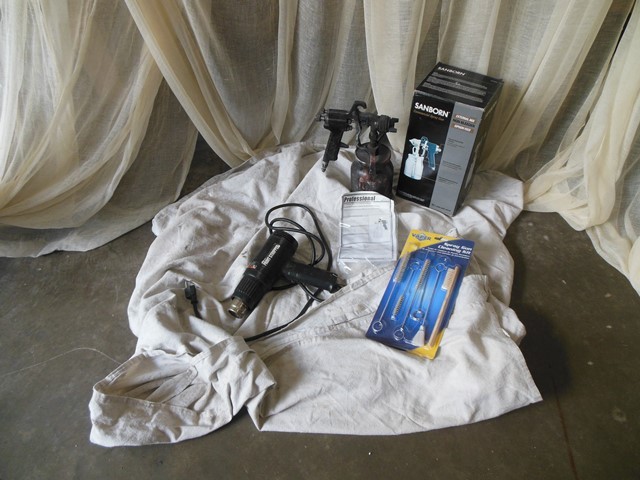 lot 65 image: Spray Gun, Paint Stripper, Gun Cleaning Kit and Used Drop Cloth
