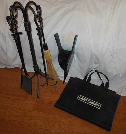 lot 92 image: Fireplace Tools, Bellows, and Craftsman Log Carrier