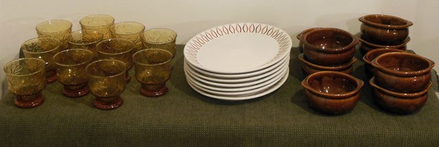 lot 106 image: Commercial Serving ware Including 11 Amber-Colored Short Glasses, 9 Matching Mini-Crocks, and 7 Mayer Oval Platters