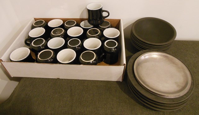 lot 108 image: Commercial Serving ware Including 20 Black and White Coffee Mugs, 7 Black SiLite Bowls, 4 Black Thermal-Plates, and 9 Metal Liners