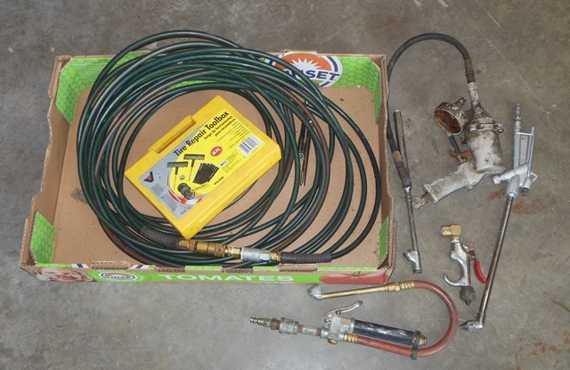 lot 157 image: 50 Ft. Air Hose, Assorted Pressure Gauges, and Blower and Grease Gun Attachments