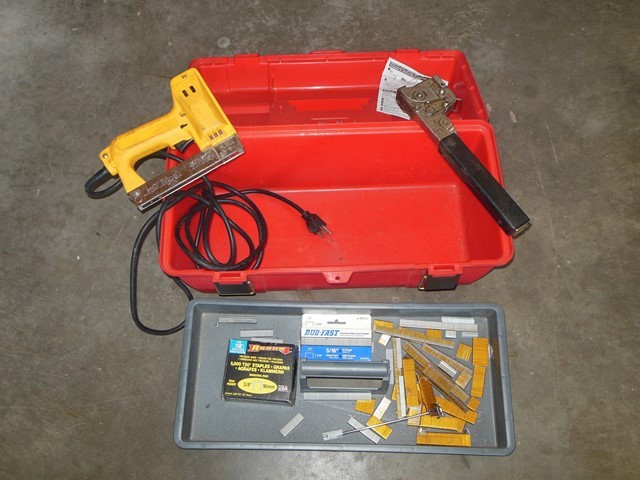 lot 167 image: Arrow Electric Stapler, Staple Hammer, Staples, and Toolbox