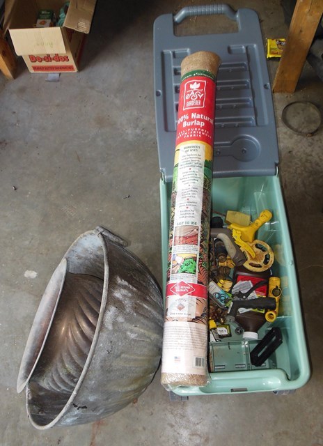 lot 199 image: Lawn and Garden Cart, All Purpose Burlap, 2 Large Metal Planters, and Hose Connectors