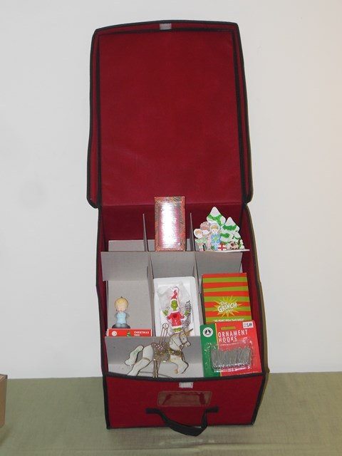 lot 186 image: Rubbermaid Tree Ornament Storage Box, Ornament Hooks, and Various Ornaments