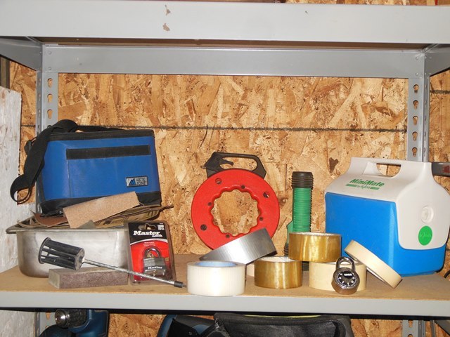 lot 331 image: Sandpaper,  Steel Fish Tape, Tapes, Locks and Coolers