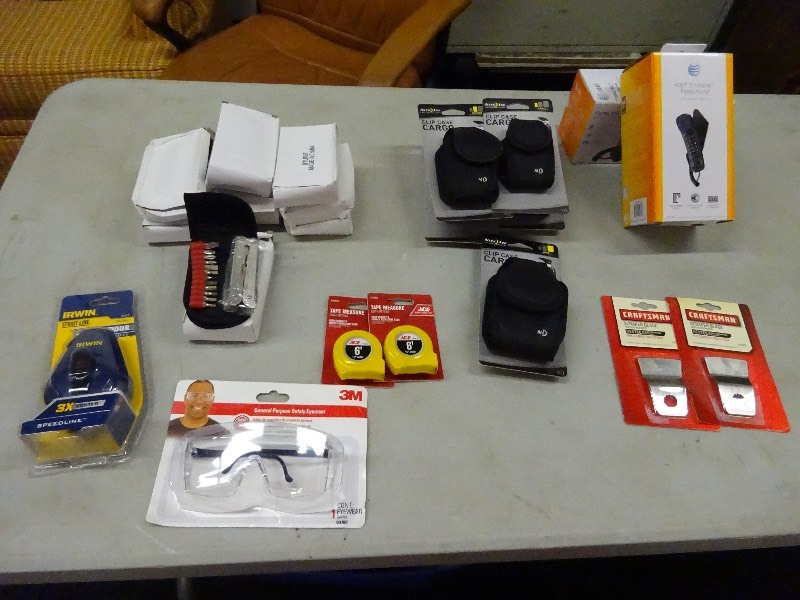 lot 15 image: Irwin Chaulk line, Craftsman scrapper blades lot of 2, safety glasses, 2 - 6 tape measures