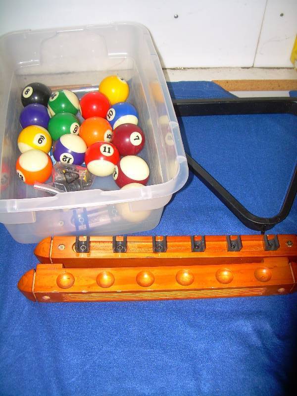 POOL BALLS , RACK , POOL STICK HOLDER