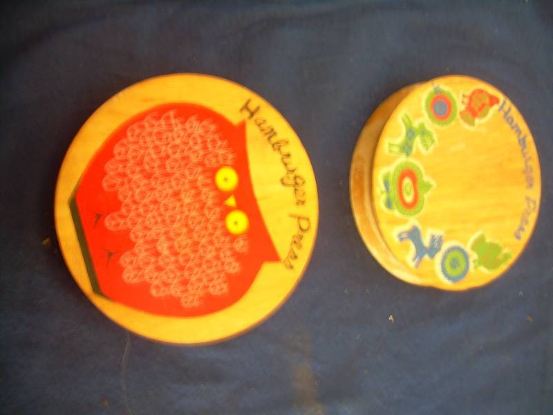 2 COLLECTIBLE WOODEN HAMBURGER PRESSES