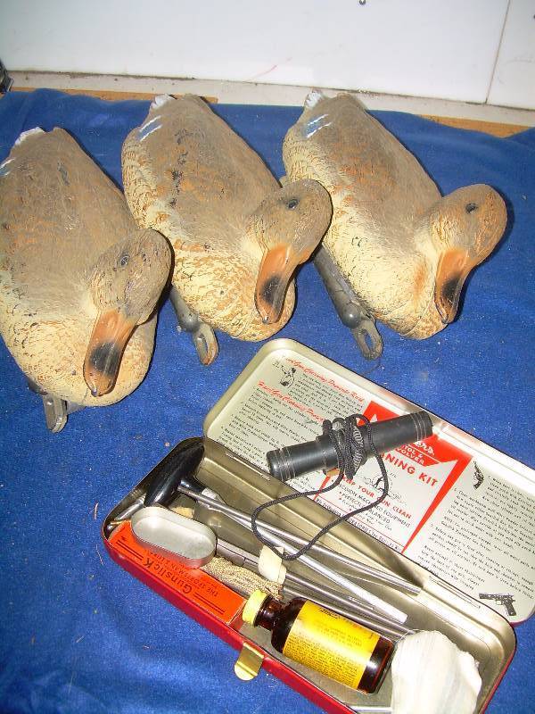 3 DUCK DECOYS , CALL , GUN CLEANING KIT