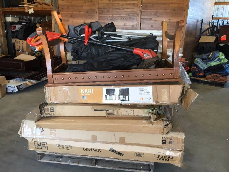 lot 60 image: Pallet of TV Stands, Weed Whips, Coffee Table, Etc