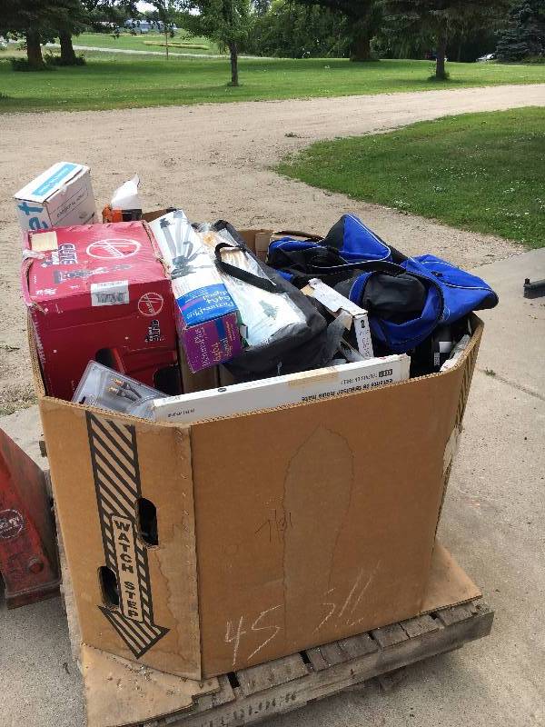 lot 108 image: Pallet of Misc goods, Tripod Stands, Tents, AV Cables, Vaccums, Etc.