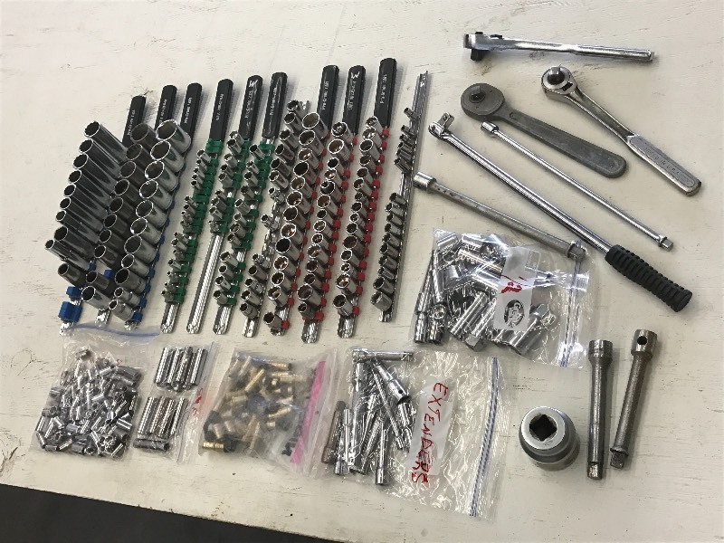 lot 50 image: Box Full Of Assorted Sockets, Racth...