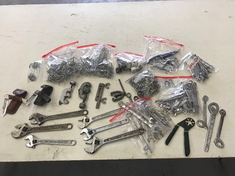 lot 55 image: Box Full Of Assorted Wrenches, Cha...