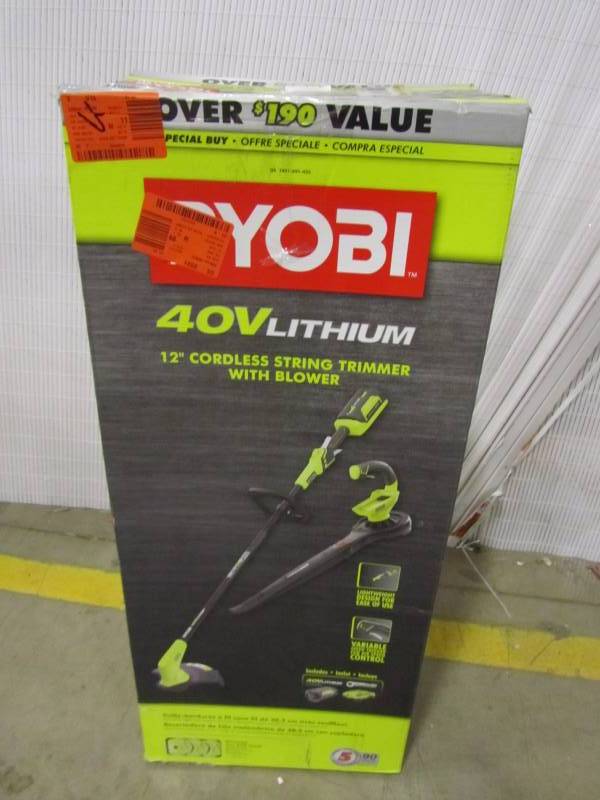 lot 32 image: Gas-Like Power 40-Volt Lithium-Ion Cordless String Trimmer and Jet Fan Blower Combo Kit