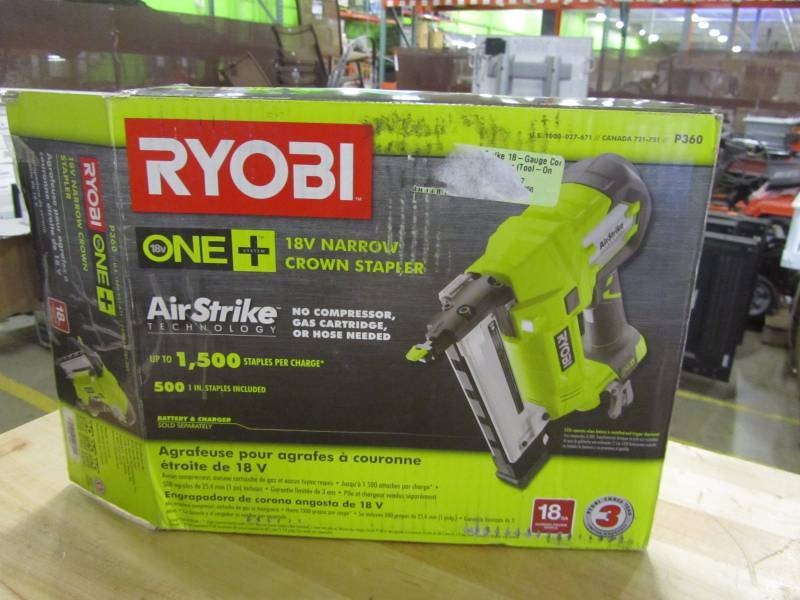 lot 80 image: Ryobi 18-Volt ONE AirStrike 18-Gauge Cordless Narrow Crown Stapler (Tool-Only)