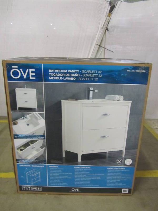 lot 92 image: Scarlett 32 in. W Vanity in White with Ceramic Vanity Top in White with White Basin
